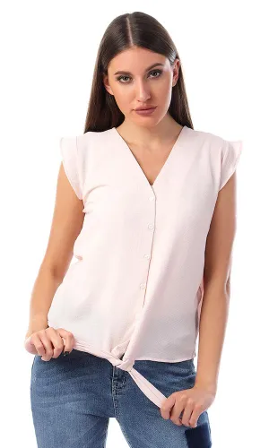 57134 Buttoned V-Neck Shirt With Front Tie - Powder Pink