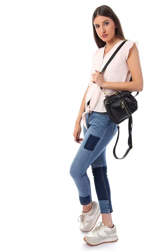 57134 Buttoned V-Neck Shirt With Front Tie - Powder Pink