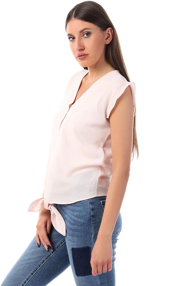 57134 Buttoned V-Neck Shirt With Front Tie - Powder Pink