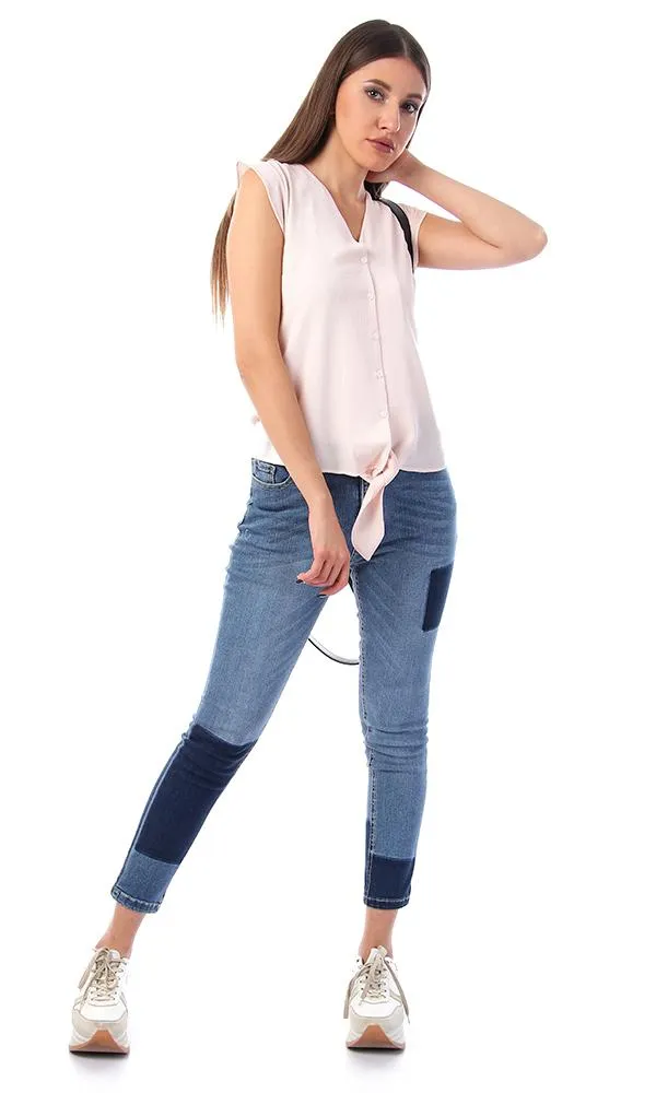 57134 Buttoned V-Neck Shirt With Front Tie - Powder Pink