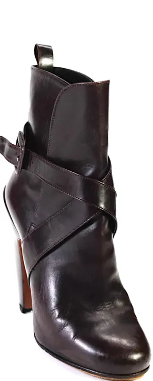 Alaia Paris. Brown Leather Buckled Slip-On Block Heels Ankle Boots SZ38