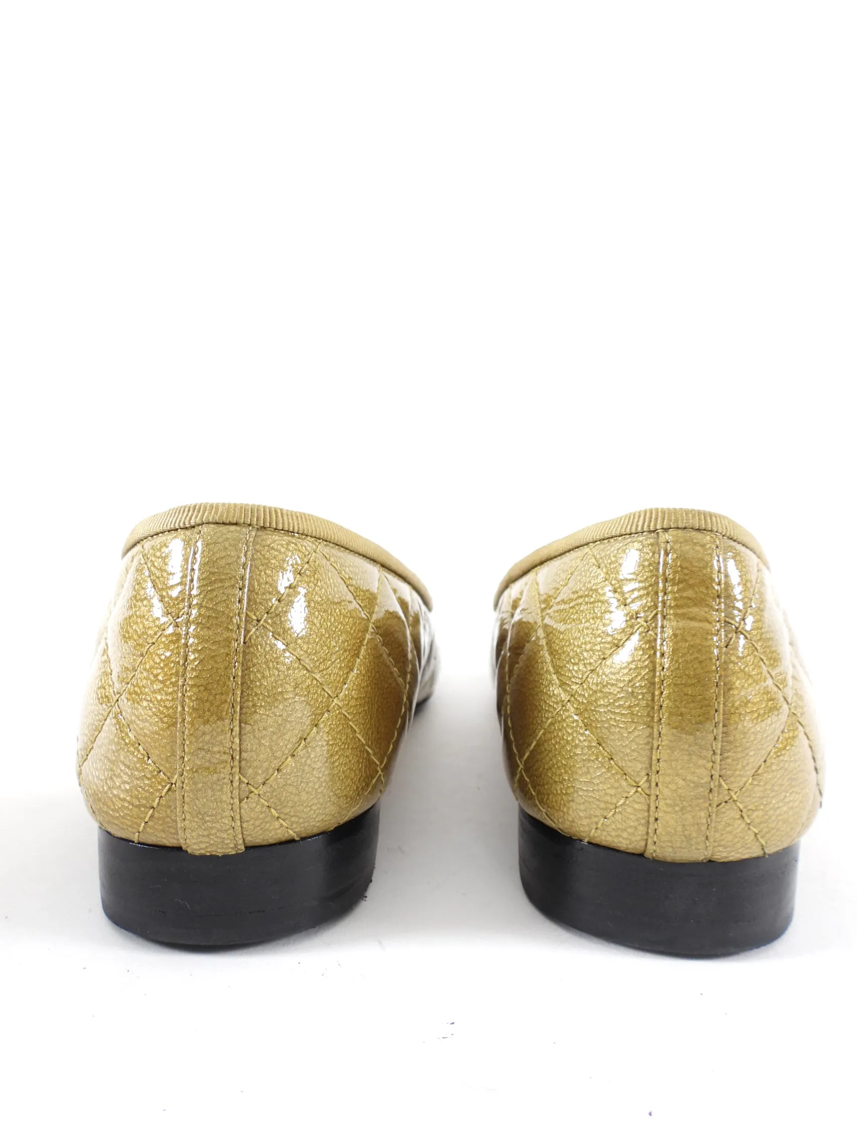 Chanel Gold and Black Cap Toe Patent Quilted Ballet Flats - 40C