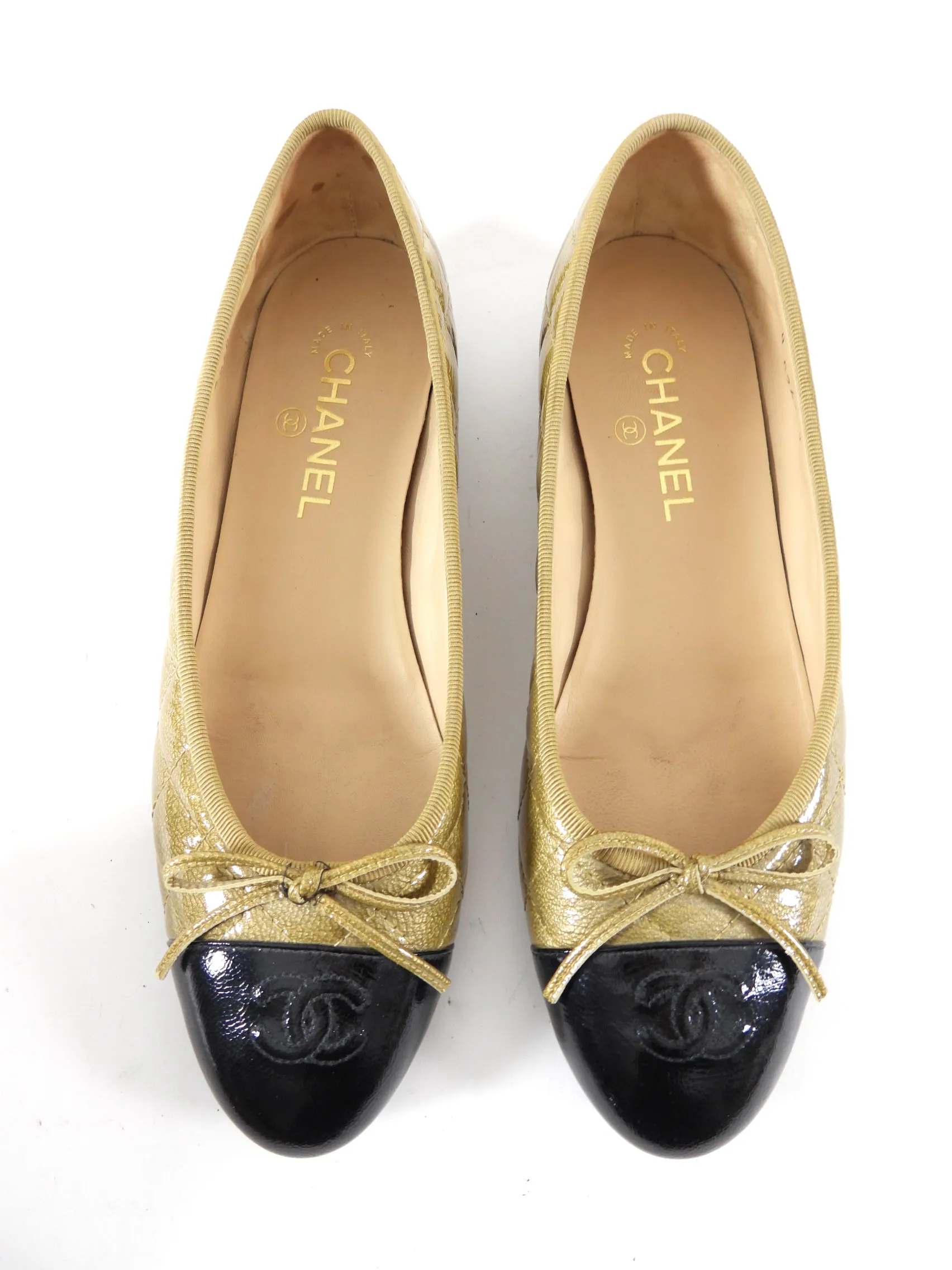 Chanel Gold and Black Cap Toe Patent Quilted Ballet Flats - 40C