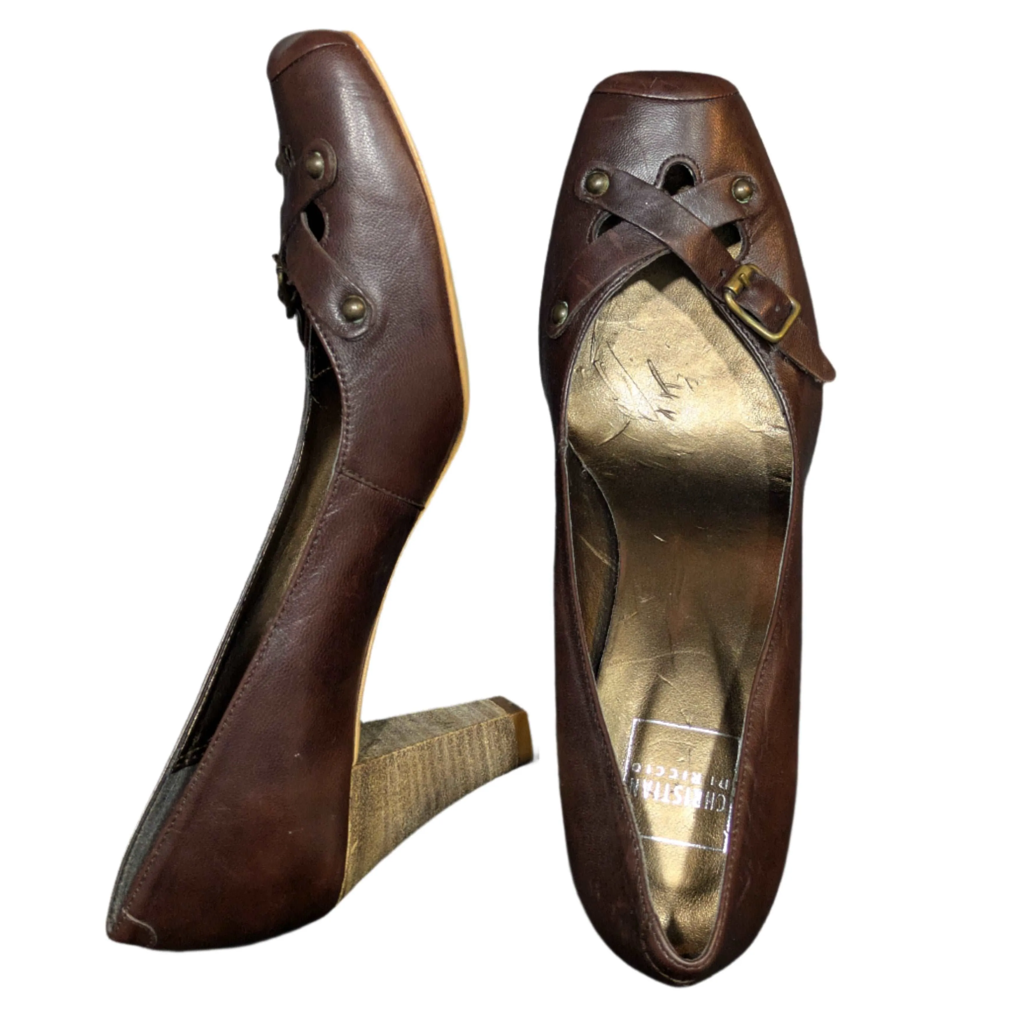 Christian di Riccio Brown Leather Block Heel Pumps Size UK 6 / EU 39 / US 9