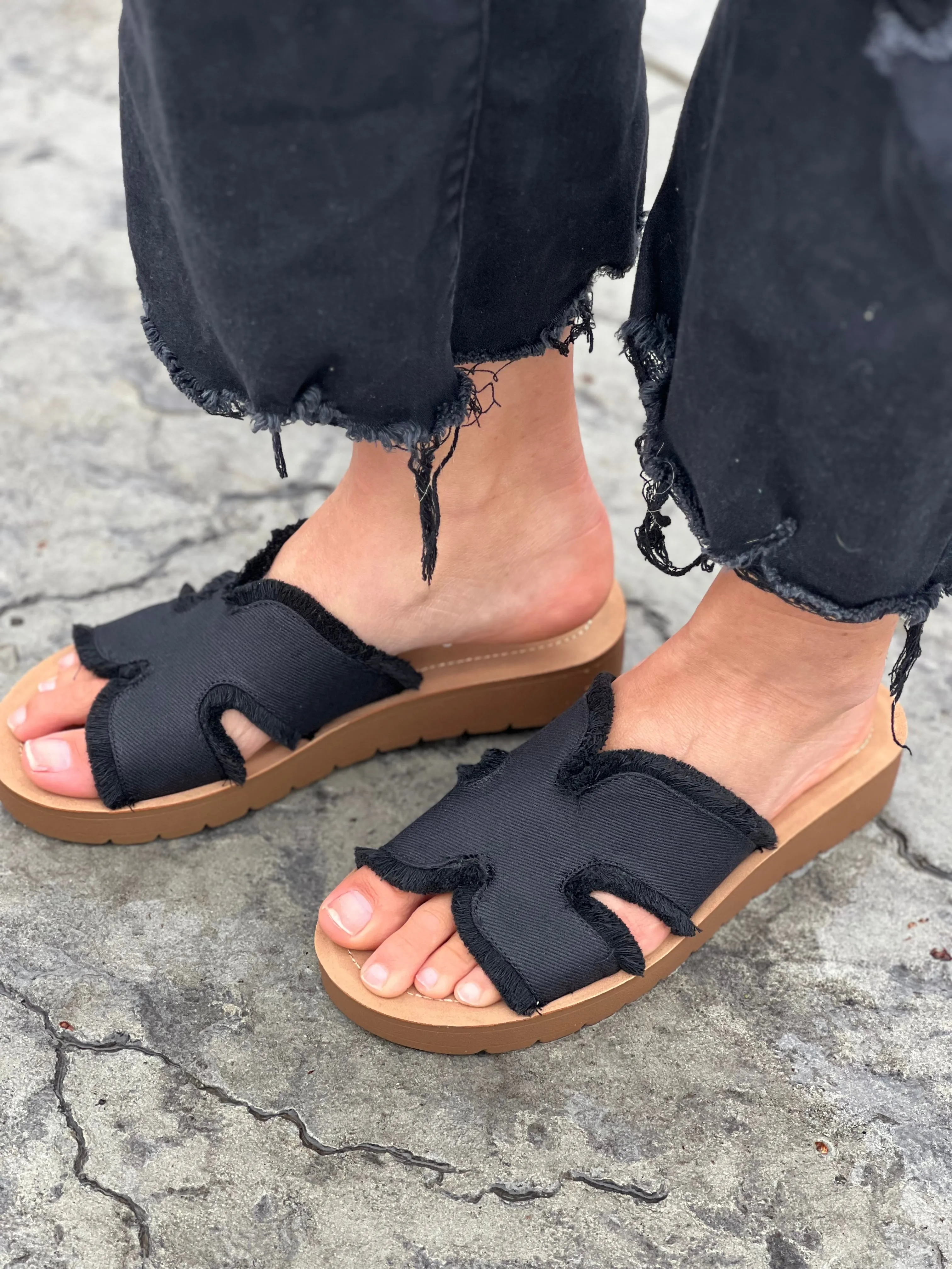 Corkys Hold Please Sandal in Frayed Black