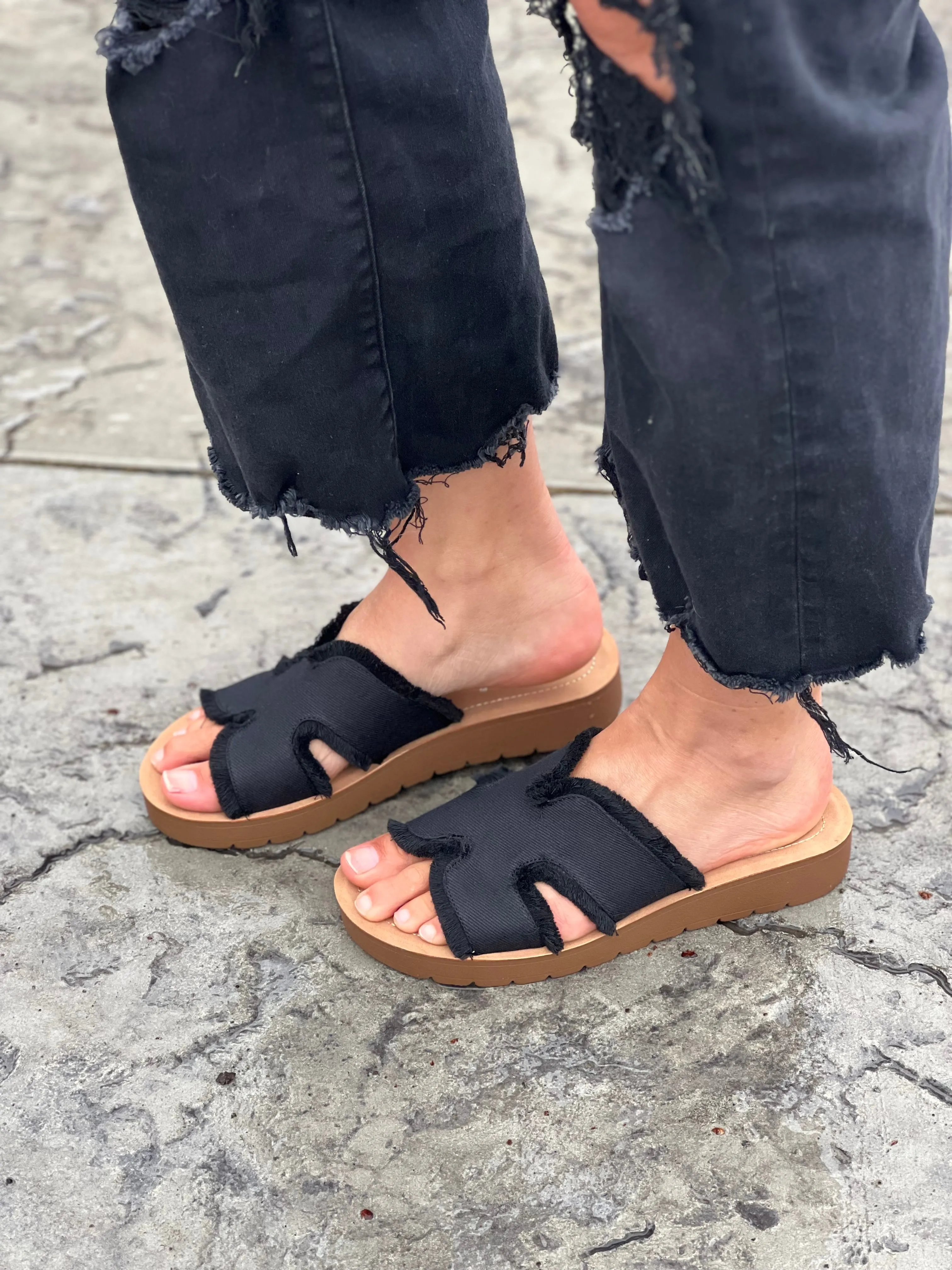 Corkys Hold Please Sandal in Frayed Black