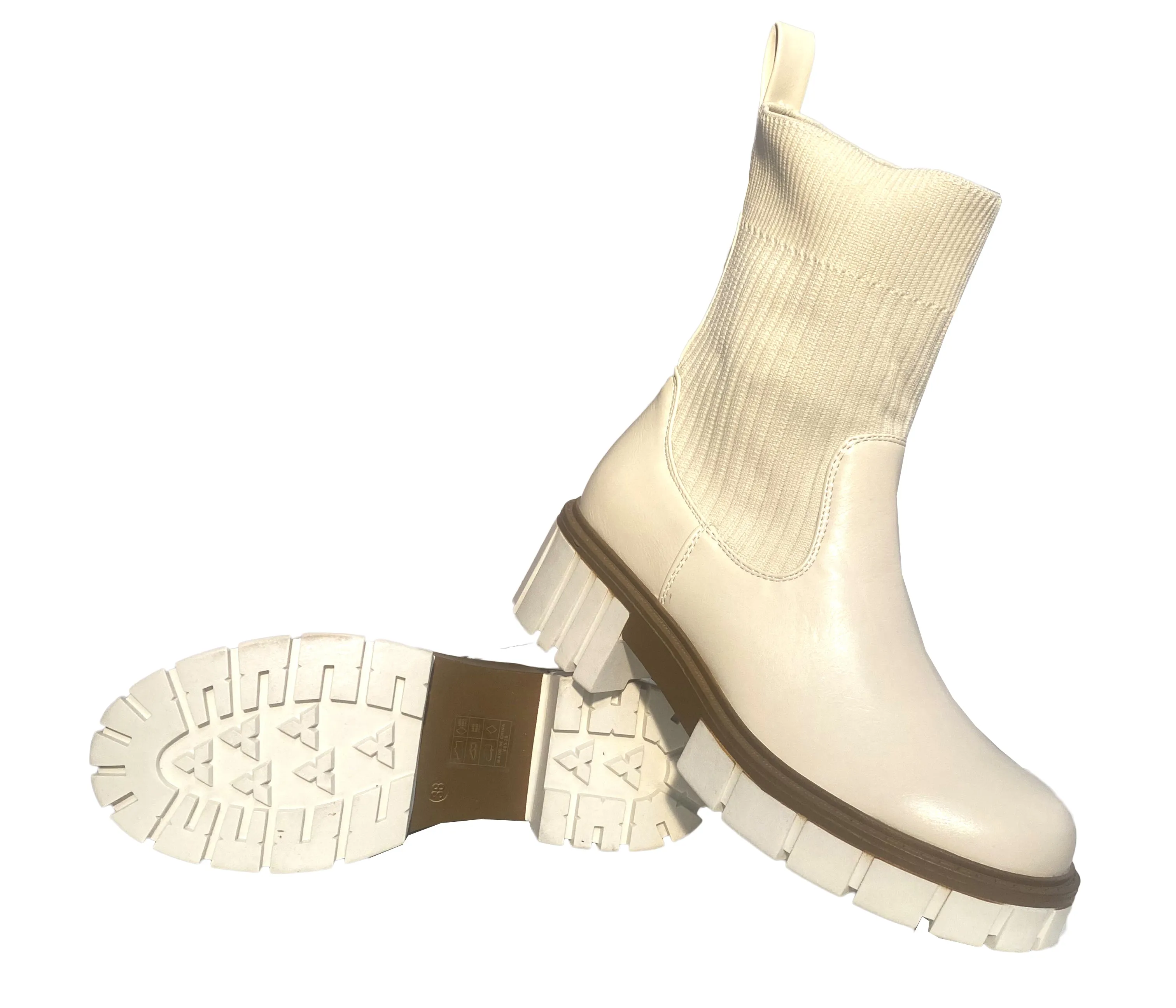 Emelyn Ladies Stretchy Knit Sock Faux Leather Mid Block Heel Casual Winter Ankle Boots Beige