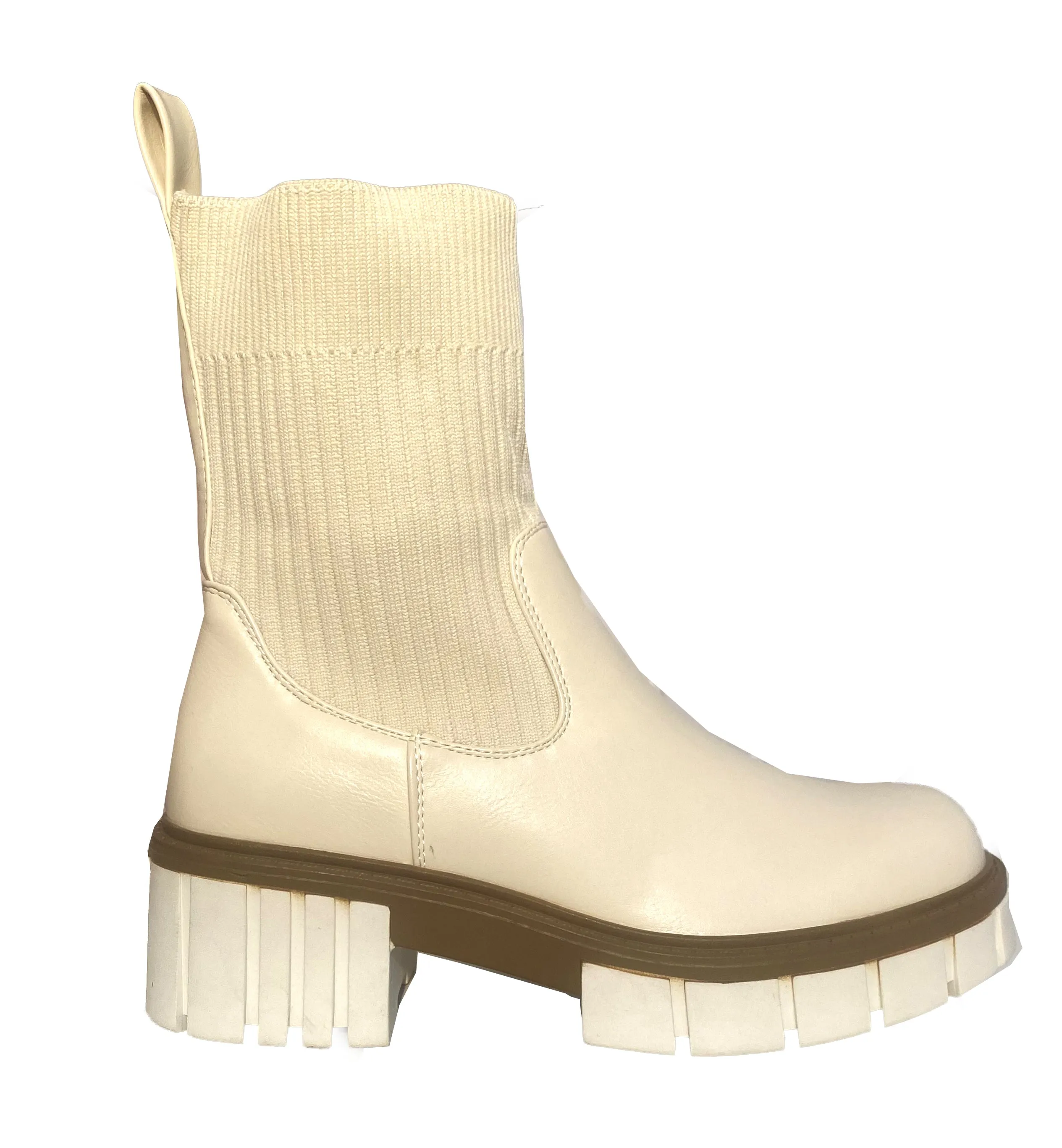 Emelyn Ladies Stretchy Knit Sock Faux Leather Mid Block Heel Casual Winter Ankle Boots Beige