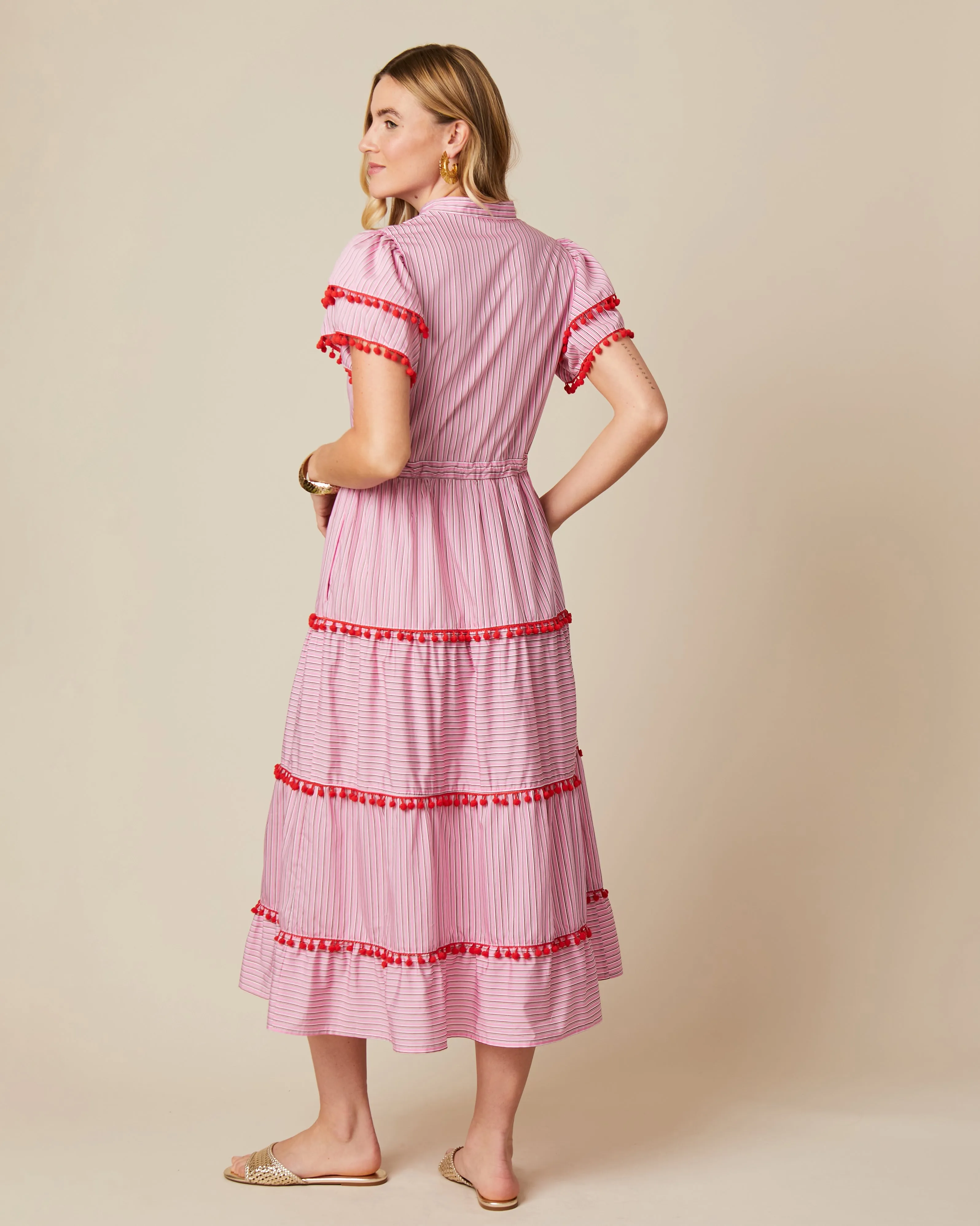 Fee G Eloise Pink Pinstripe Tiered Midi Dress