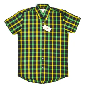 Green, Yellow & Black Check Button Down Short Sleeve Shirt