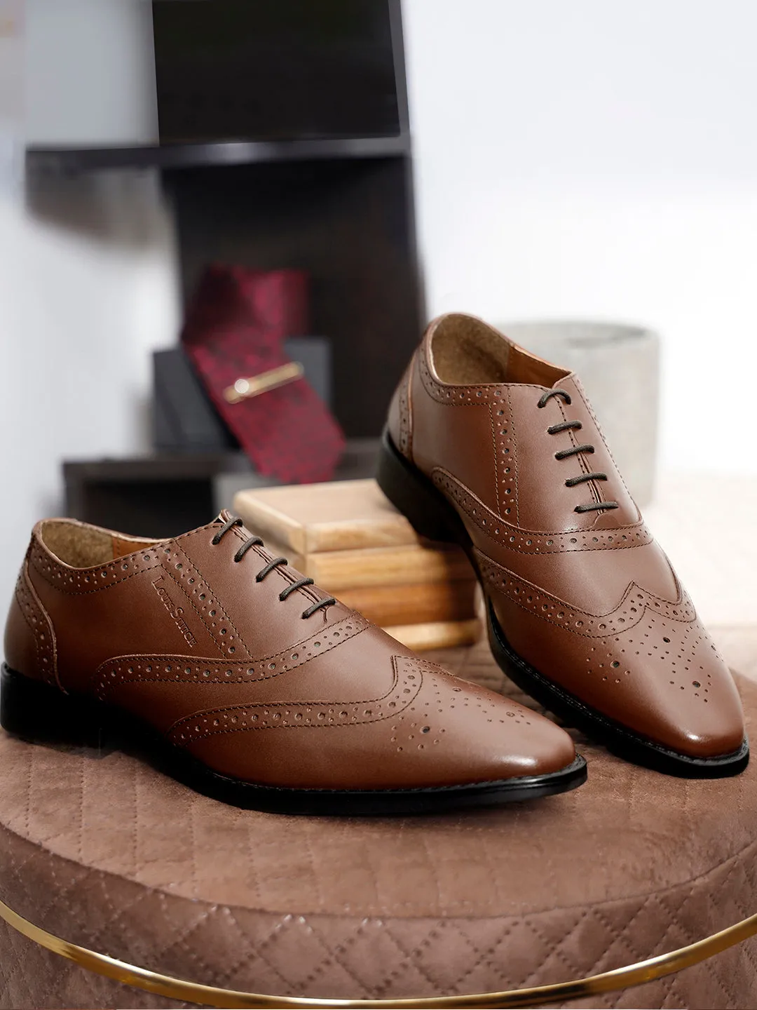 Italian Leather Wingtip Brogue Russet Tan Shoes for Men