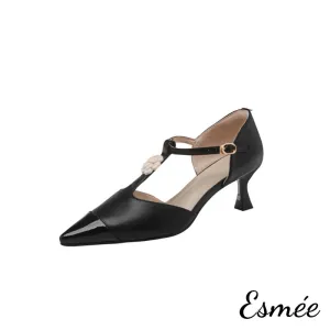 Leather High Heel T Straps with Flower Design and Black Toe Cap