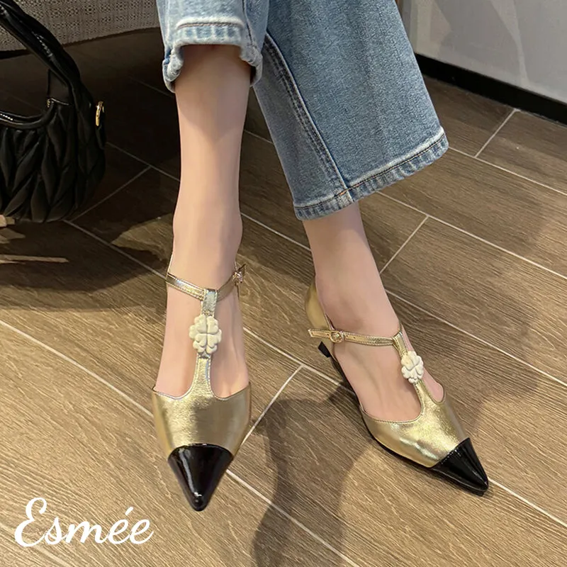 Leather High Heel T Straps with Flower Design and Black Toe Cap