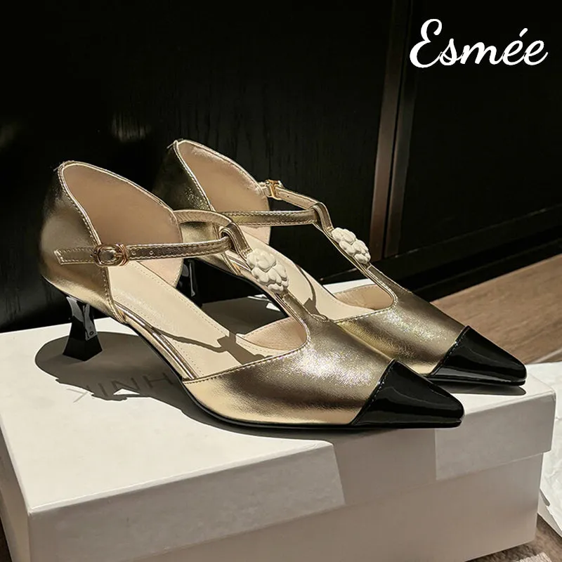 Leather High Heel T Straps with Flower Design and Black Toe Cap
