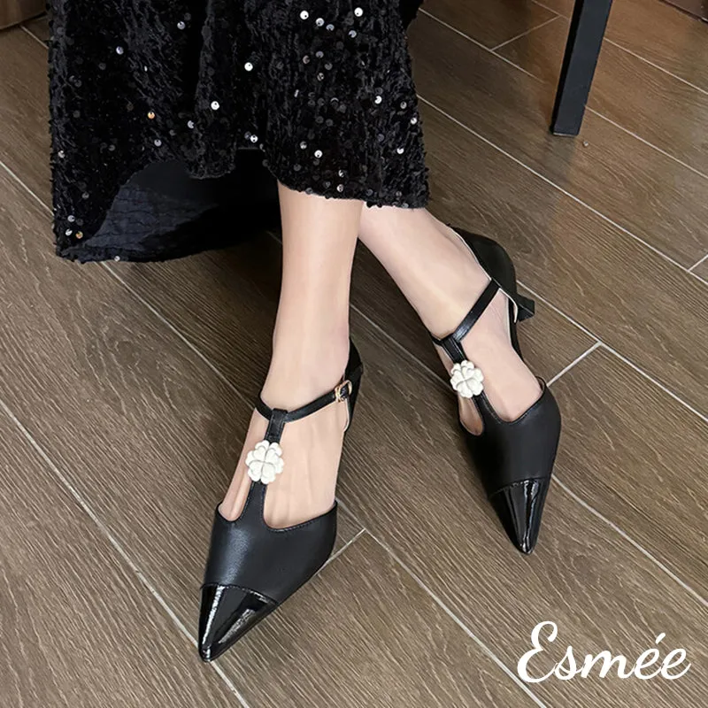 Leather High Heel T Straps with Flower Design and Black Toe Cap