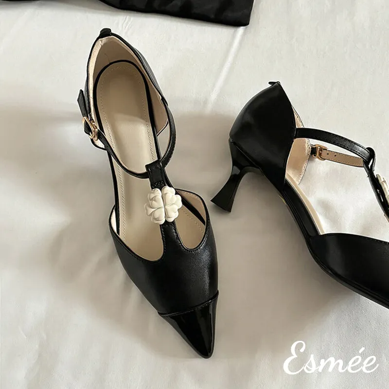Leather High Heel T Straps with Flower Design and Black Toe Cap