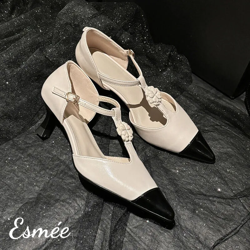 Leather High Heel T Straps with Flower Design and Black Toe Cap