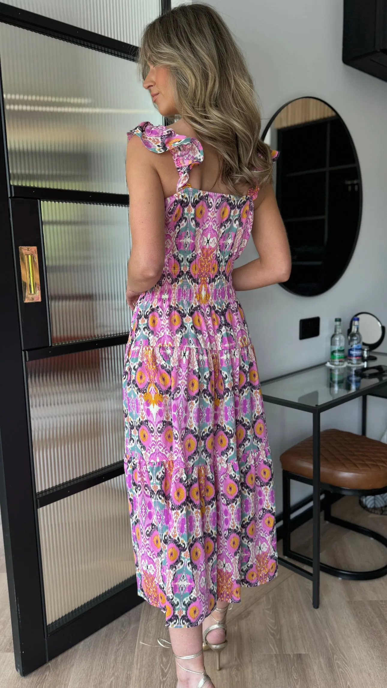 Lizbeth Multi Abstract Printed Frill Strap Midi Dress
