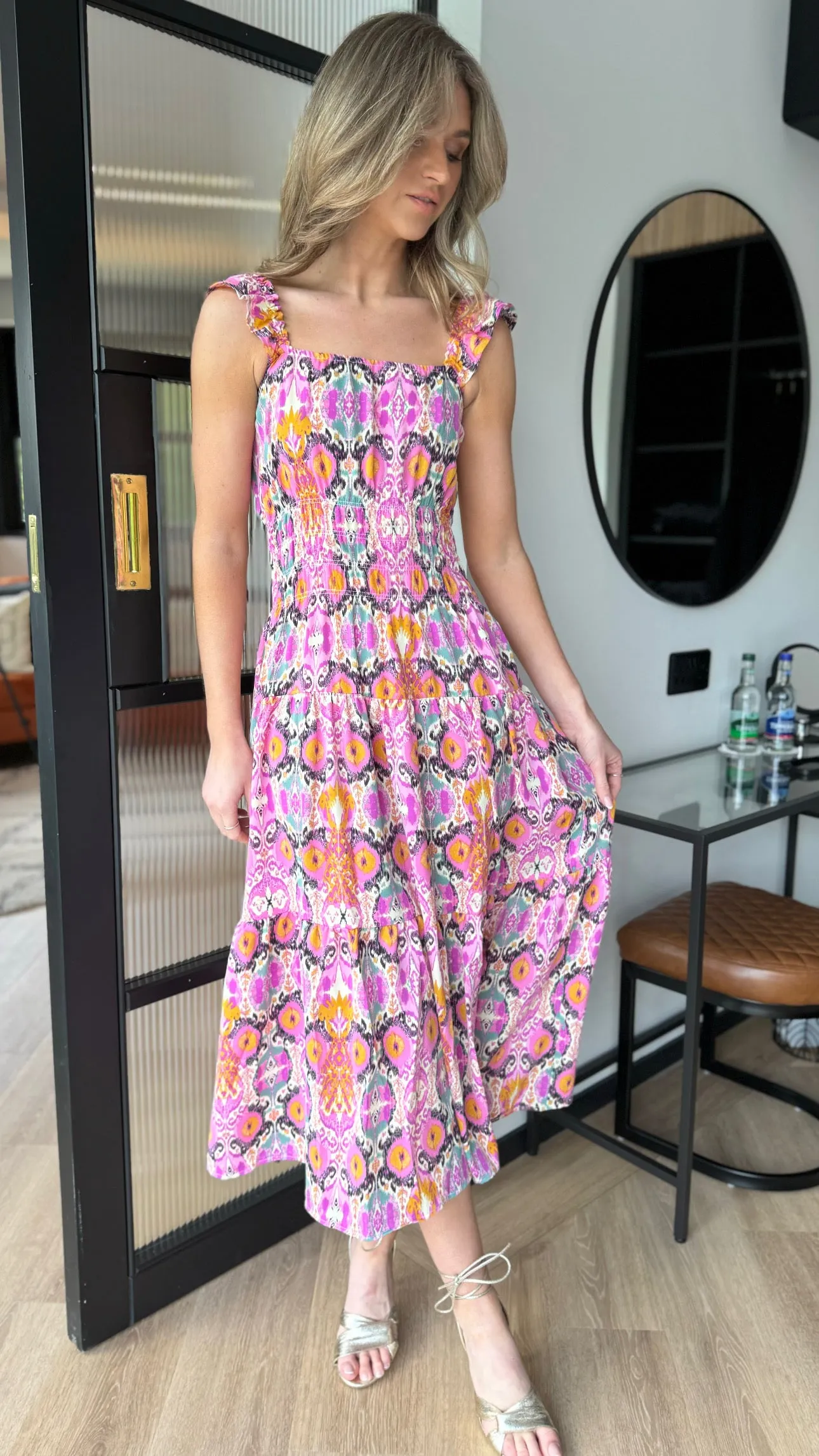 Lizbeth Multi Abstract Printed Frill Strap Midi Dress