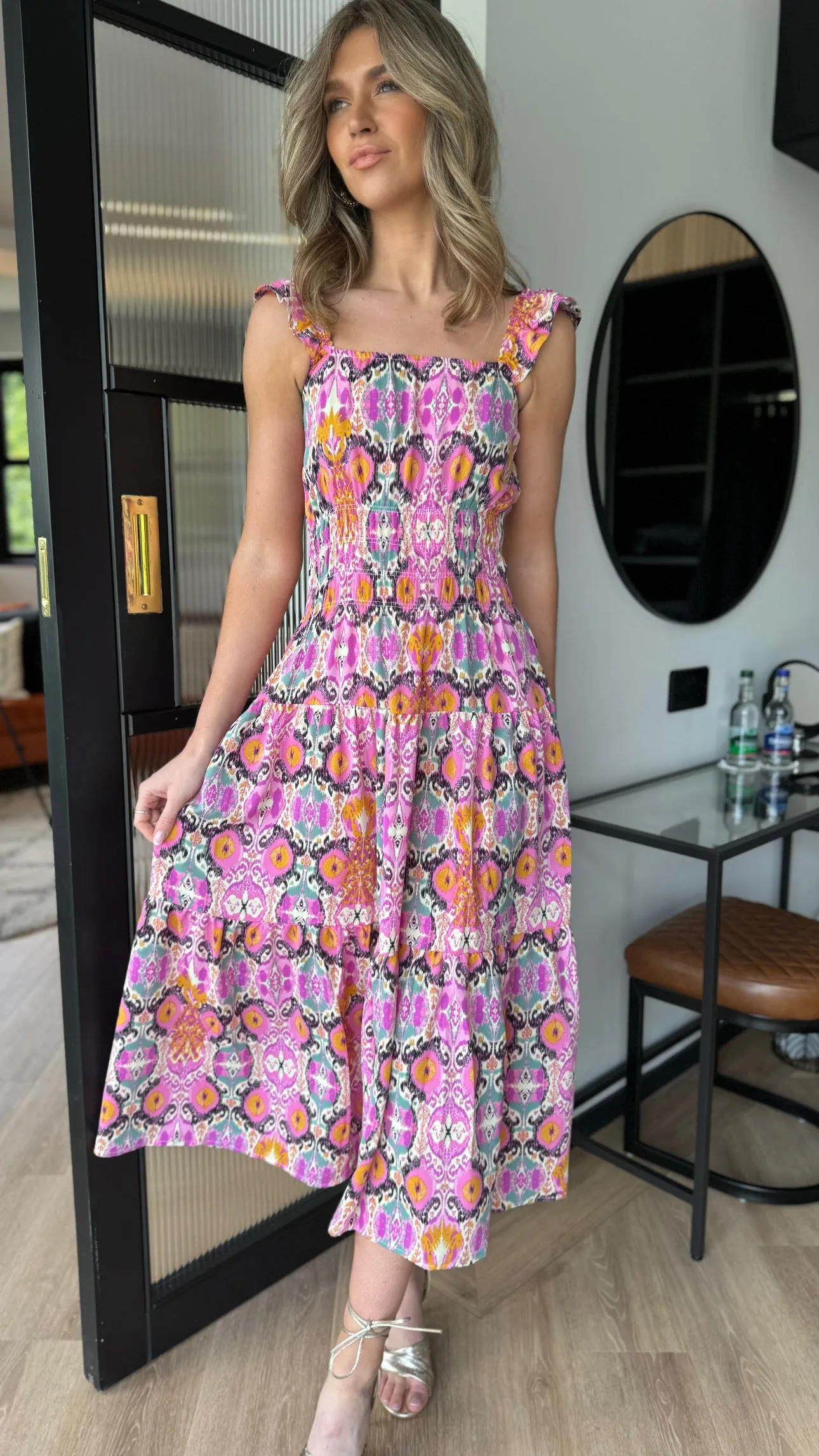 Lizbeth Multi Abstract Printed Frill Strap Midi Dress