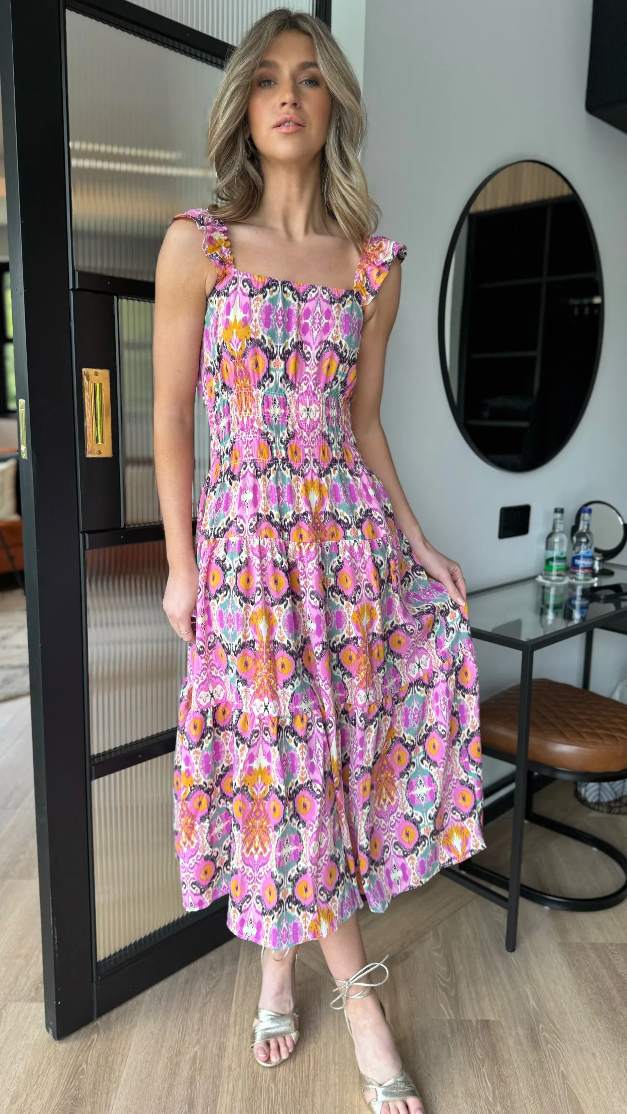 Lizbeth Multi Abstract Printed Frill Strap Midi Dress