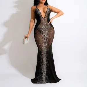 Long Luxury Sheer See-Through Mesh Crystal Dress