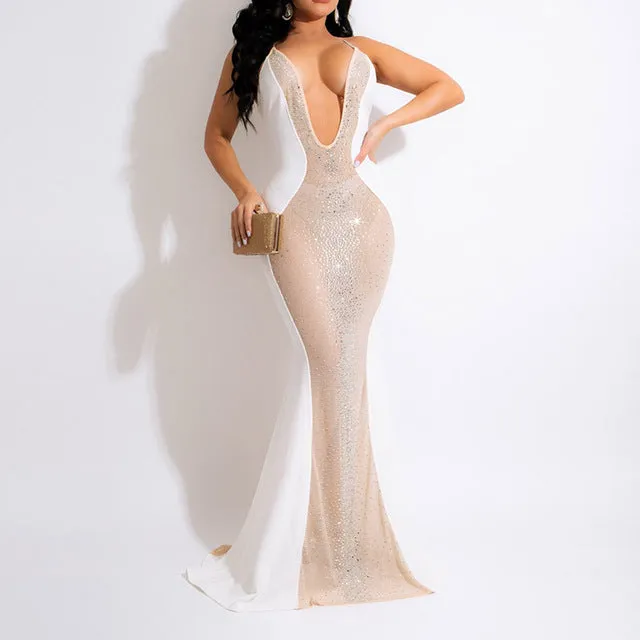 Long Luxury Sheer See-Through Mesh Crystal Dress