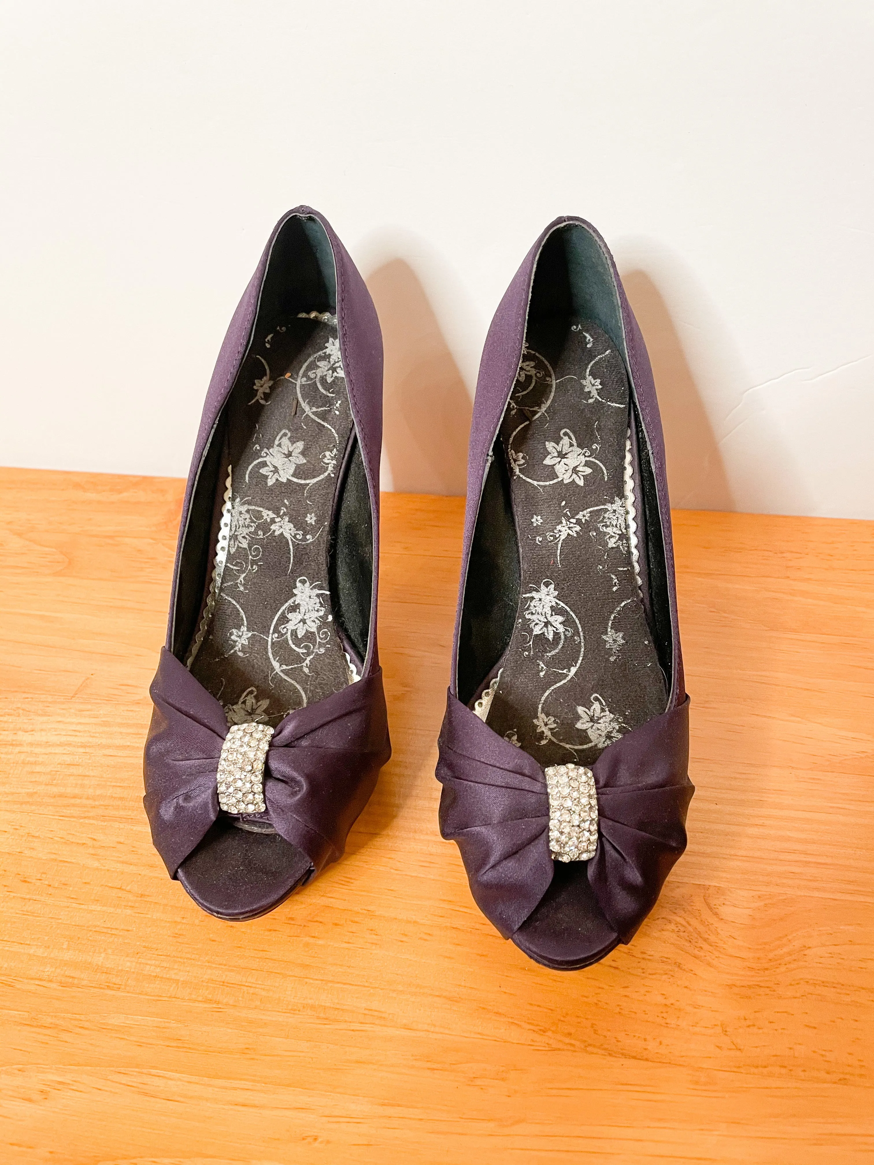 Michela Deep Purple Satin Bejeweled Peeptoe Heels - Size 7