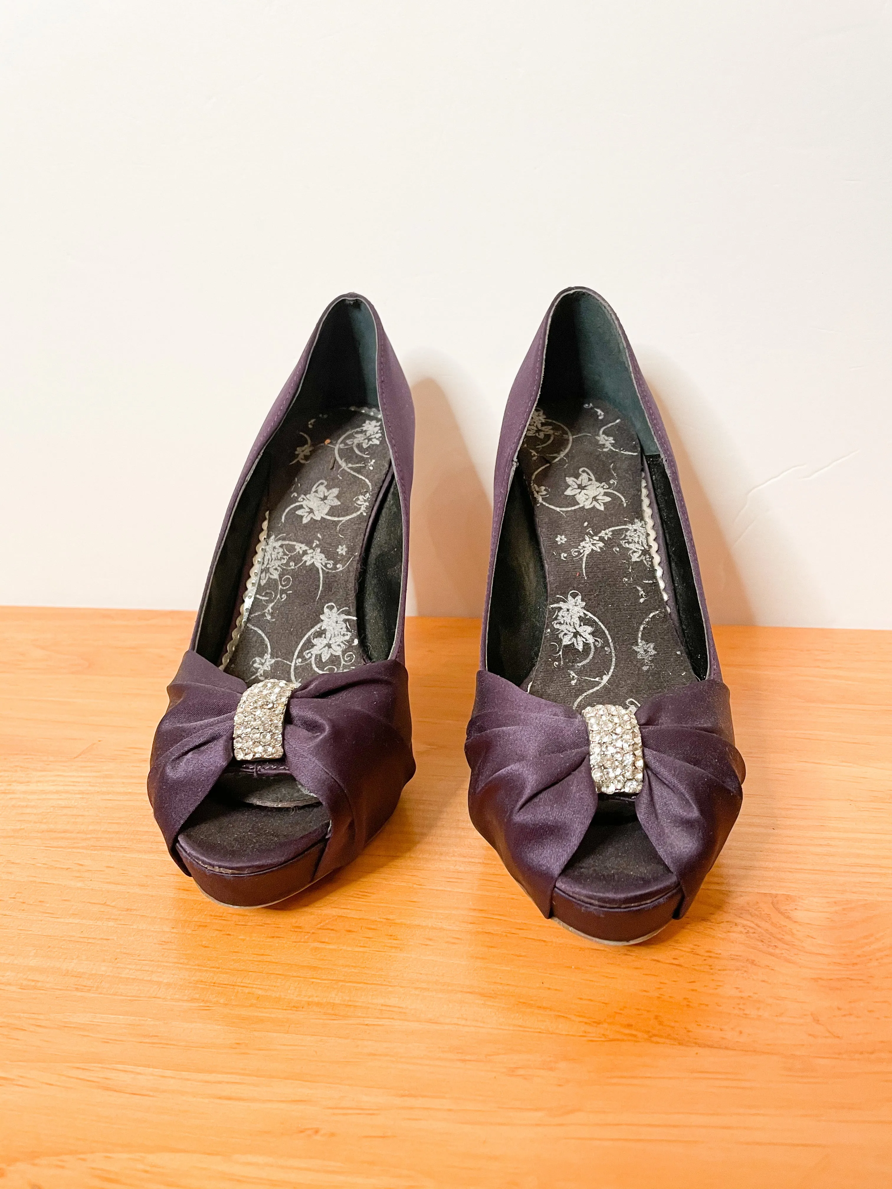 Michela Deep Purple Satin Bejeweled Peeptoe Heels - Size 7