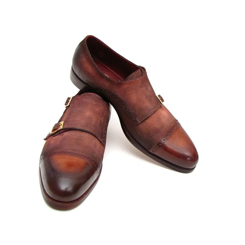 Paul Parkman Men's Captoe Double Monkstrap Antique Brown Suede (ID#045BT11)