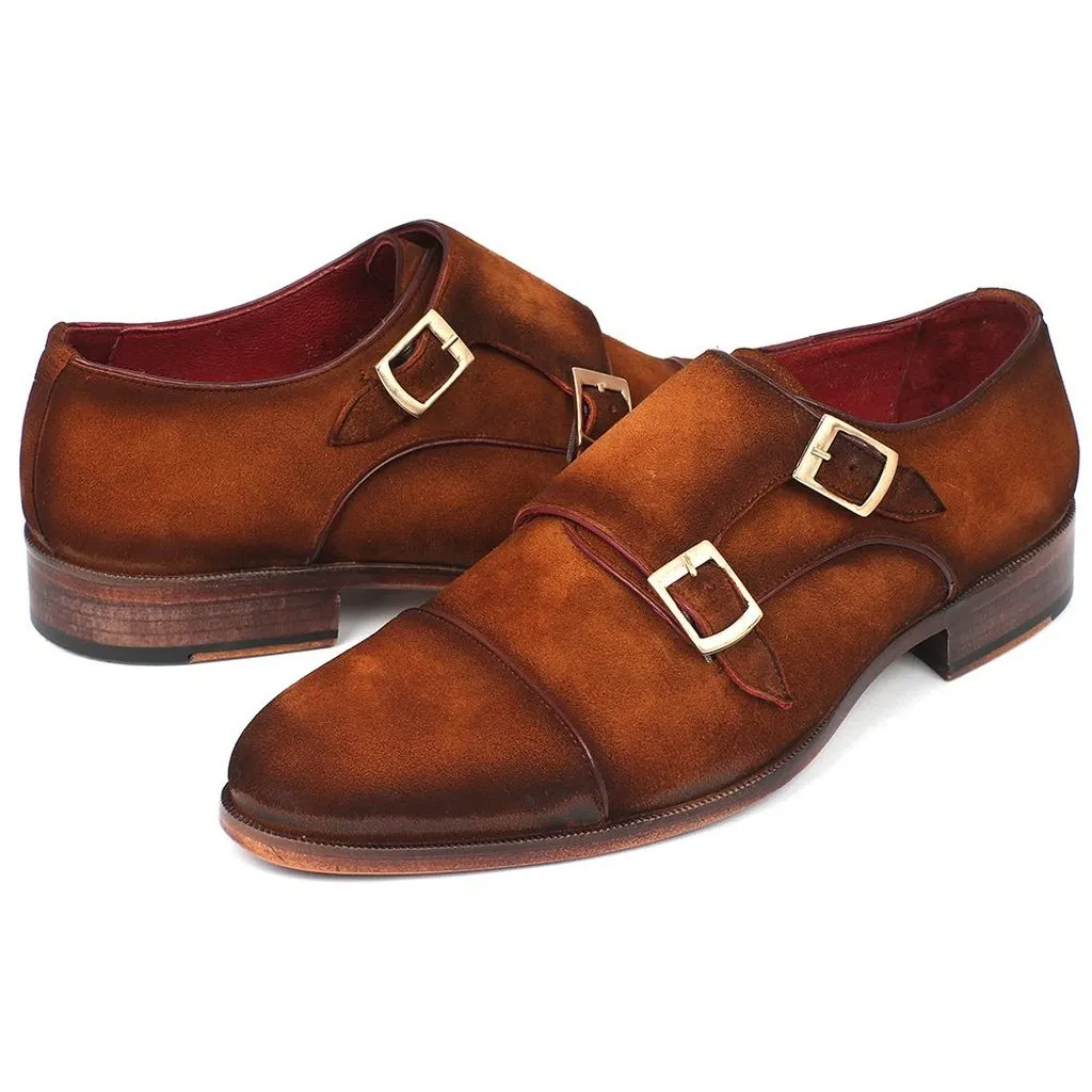 Paul Parkman Men's Captoe Double Monkstrap Camel Suede (ID#045TAB12)