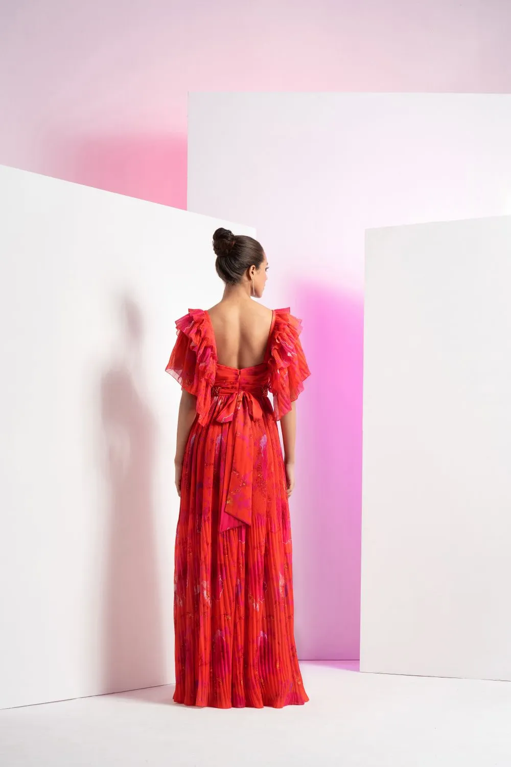 Poppy Red Pleated Maxi Dress
