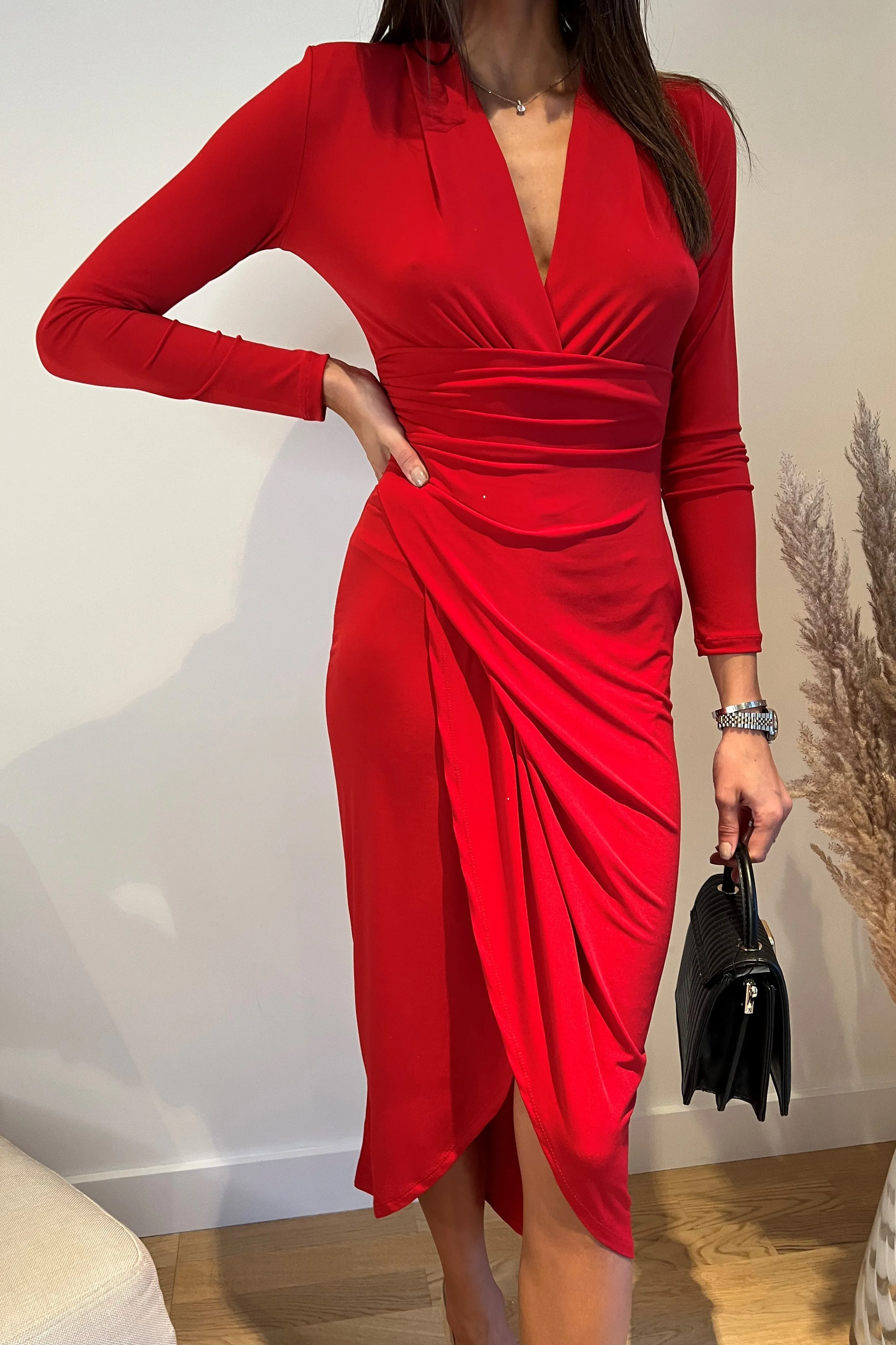 Timeless Wrap Midi Dress with Front Slit in Bold Red