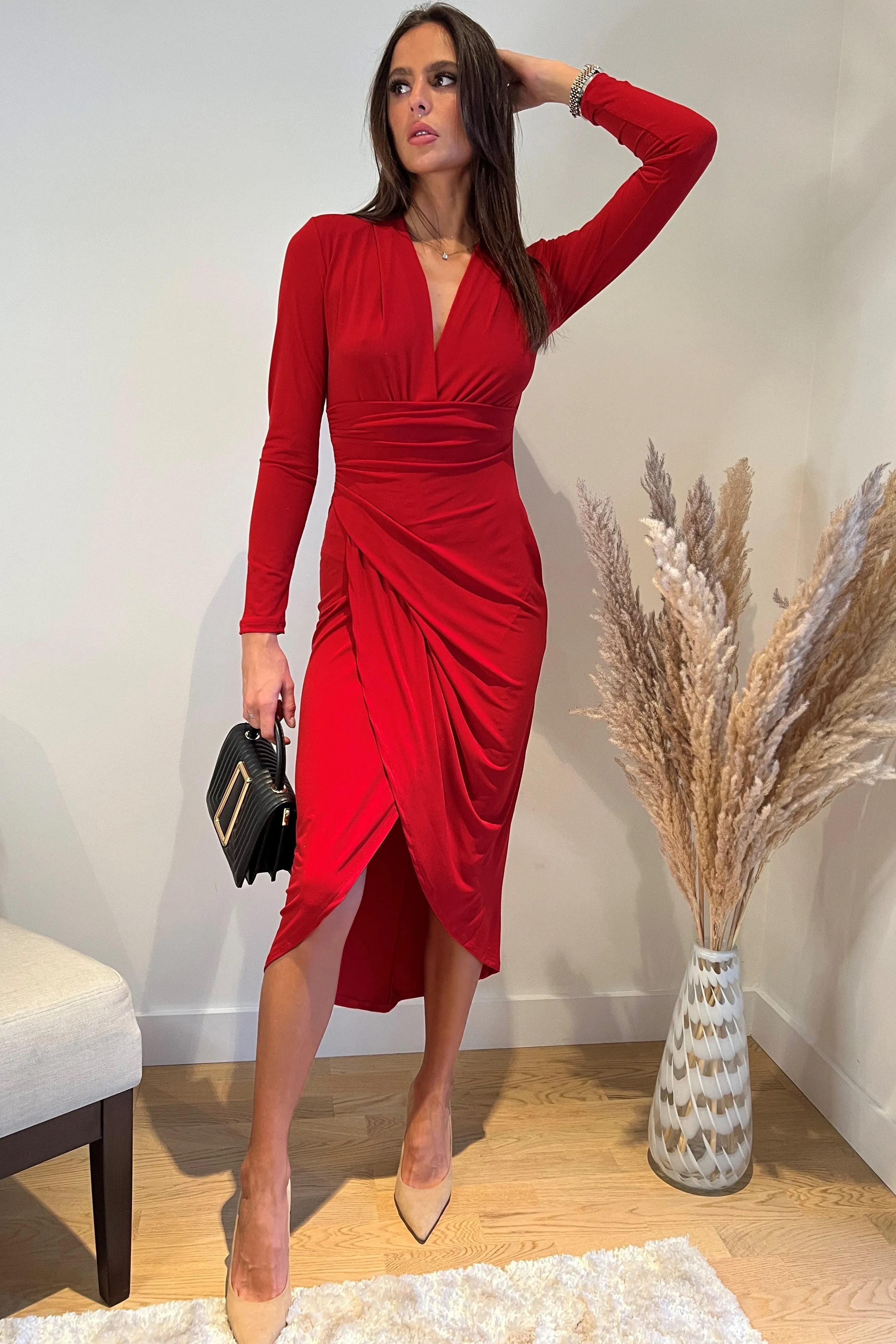 Timeless Wrap Midi Dress with Front Slit in Bold Red