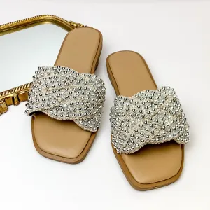 Totally Darling Nude Knit Slide On Sandals with Silver Beaded Embellishment