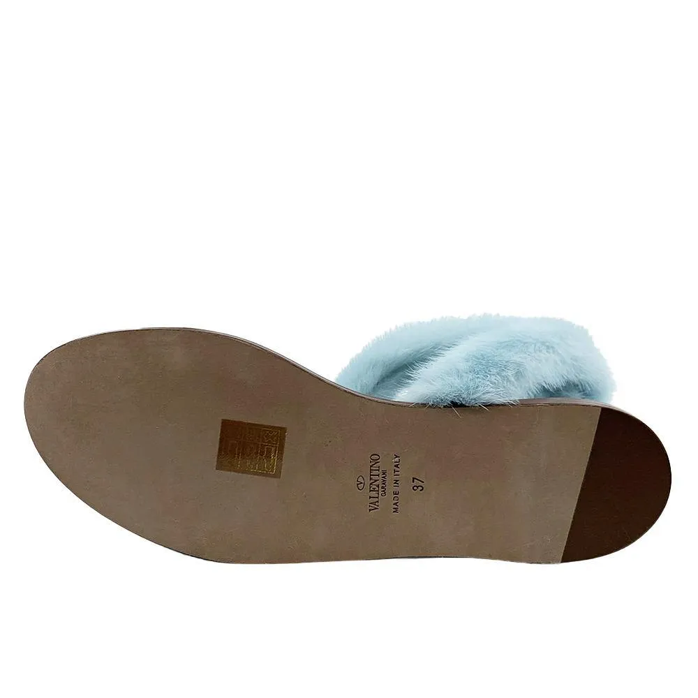 Valentino Women's Mink Fur Leather Ankle-Strap Flat Sandals Light Blue
