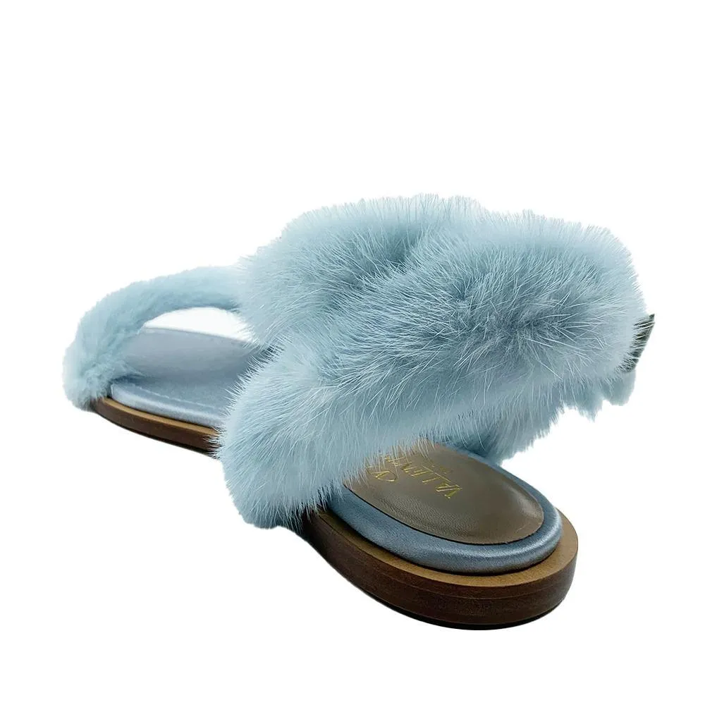 Valentino Women's Mink Fur Leather Ankle-Strap Flat Sandals Light Blue