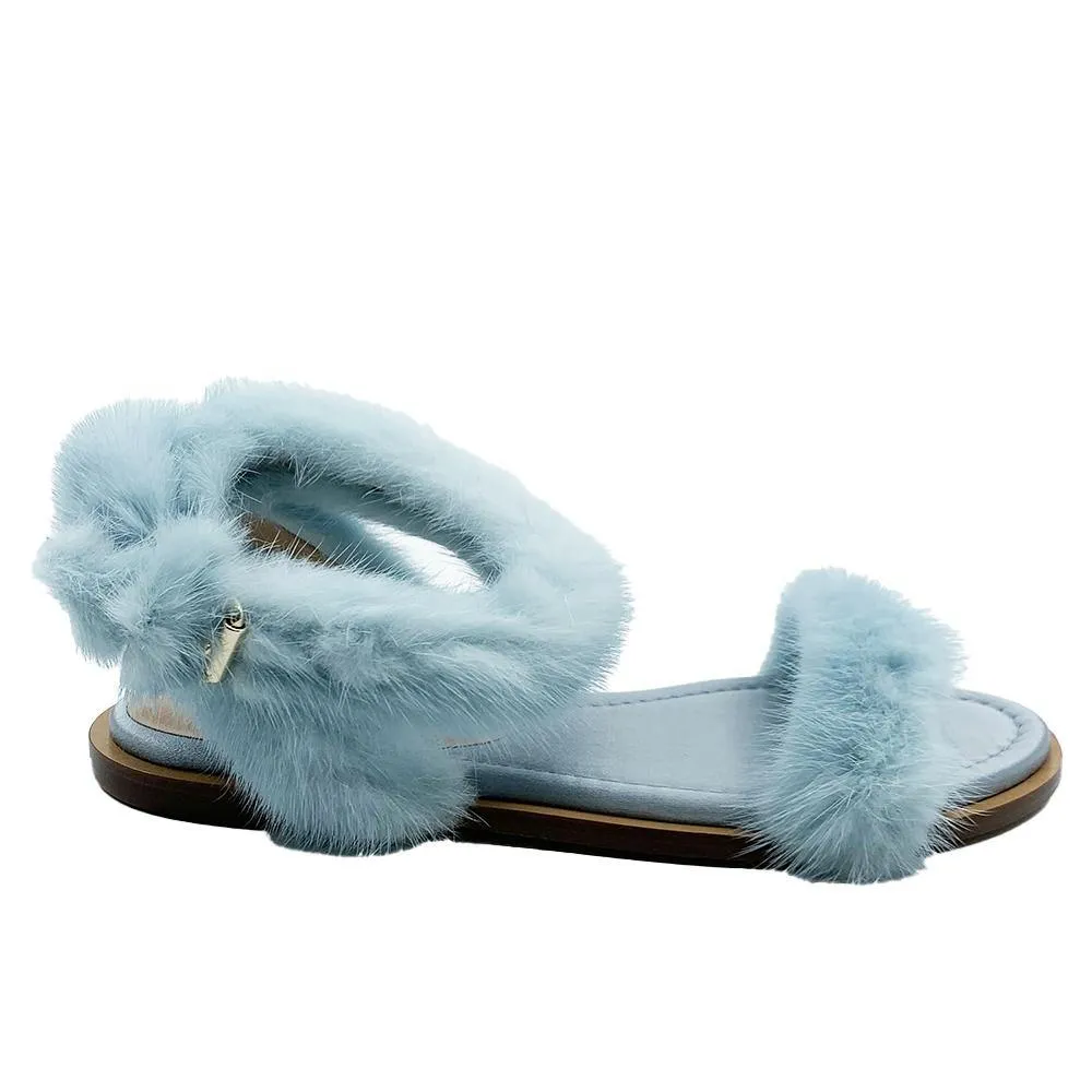 Valentino Women's Mink Fur Leather Ankle-Strap Flat Sandals Light Blue