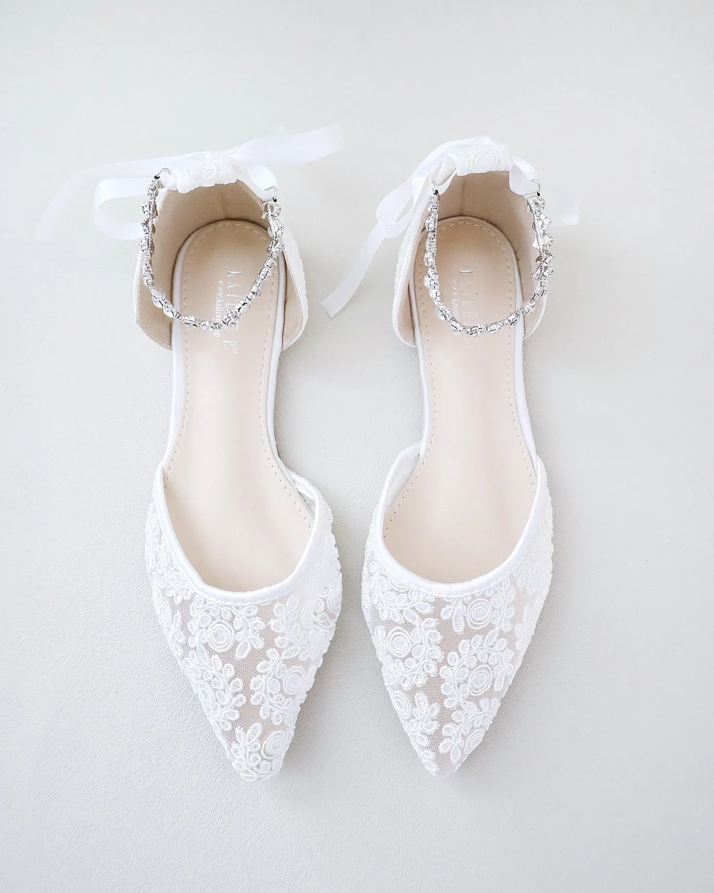 Wedding Crochet Lace Pointy Toe Flats with Amaryllis Crystal Strap