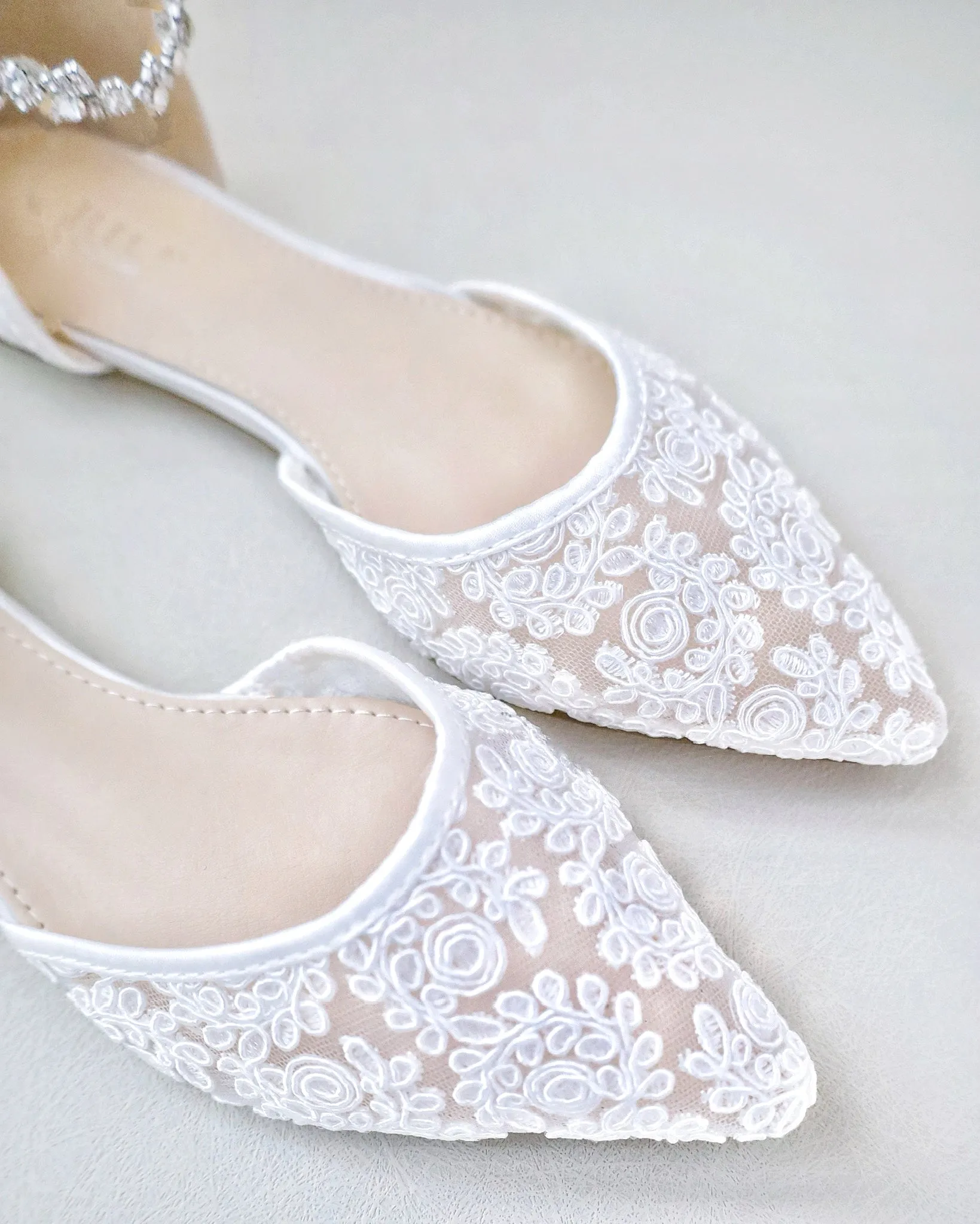 Wedding Crochet Lace Pointy Toe Flats with Amaryllis Crystal Strap