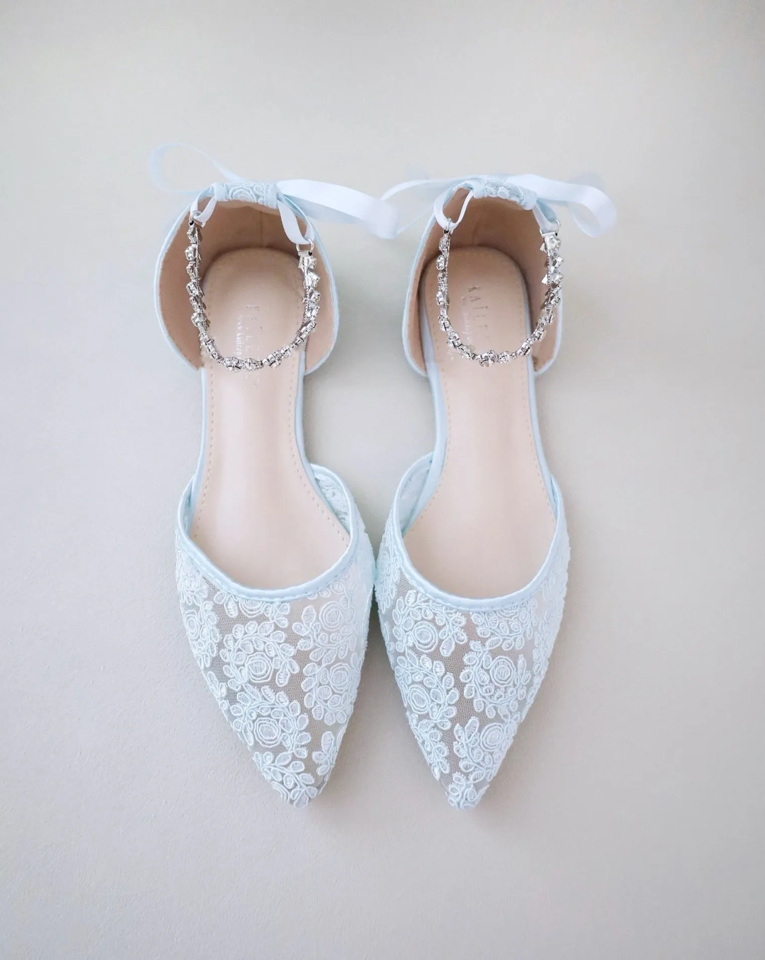 Wedding Crochet Lace Pointy Toe Flats with Amaryllis Crystal Strap