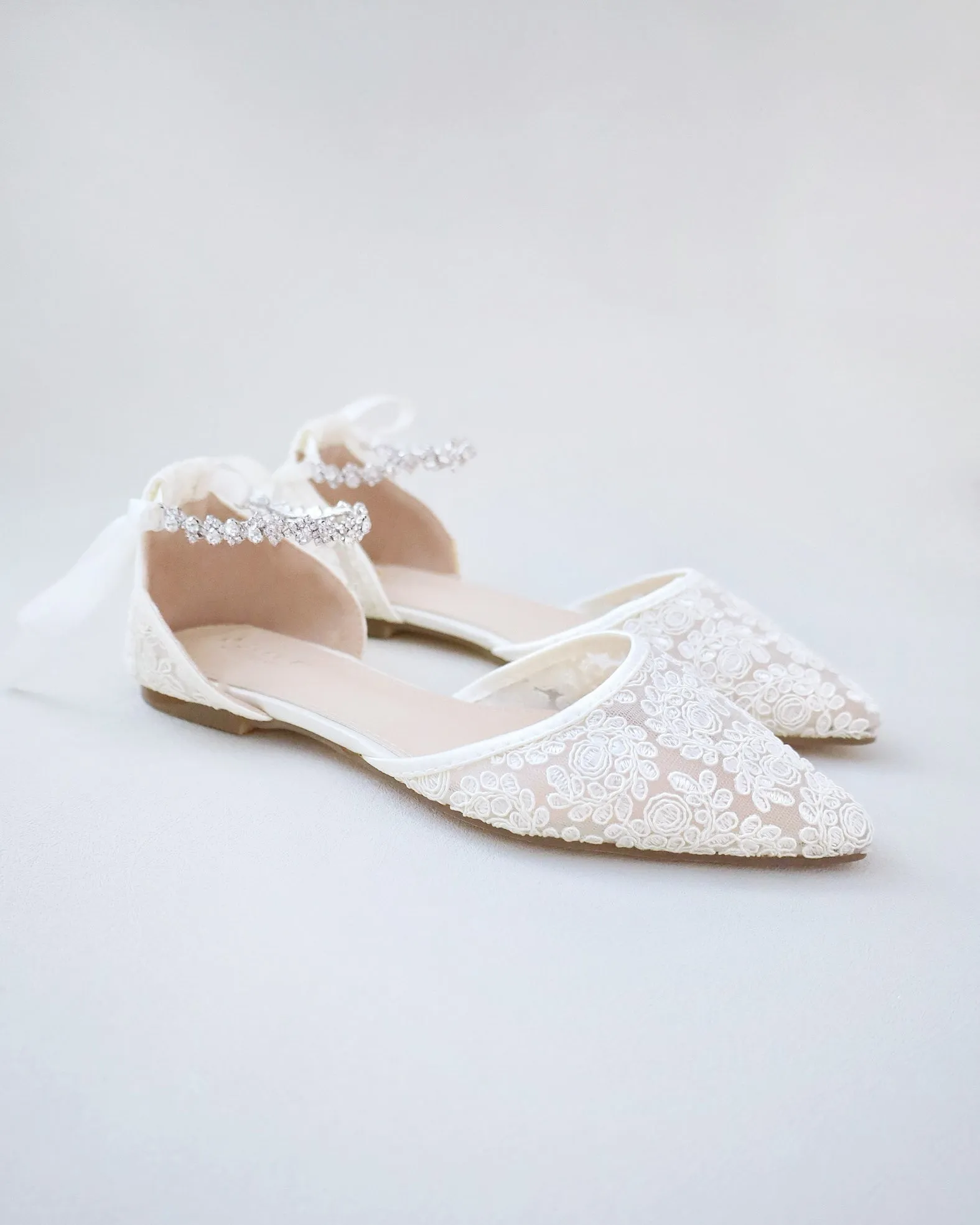 Wedding Crochet Lace Pointy Toe Flats with Amaryllis Crystal Strap