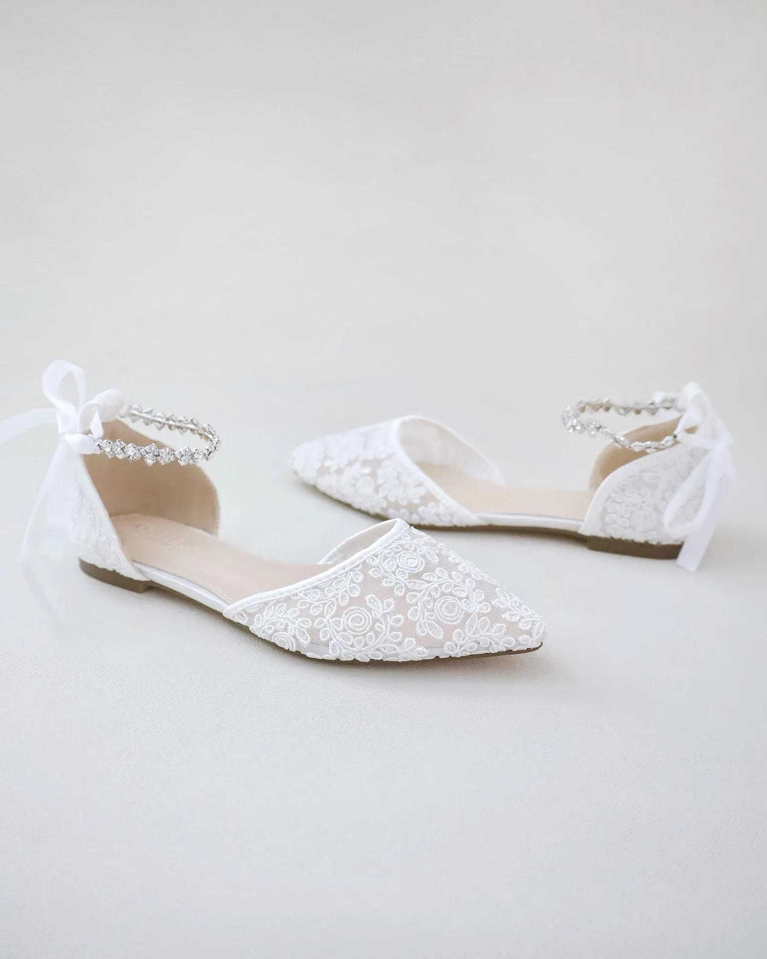 Wedding Crochet Lace Pointy Toe Flats with Amaryllis Crystal Strap