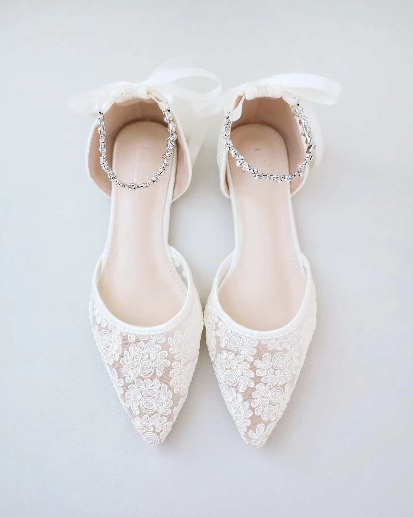 Wedding Crochet Lace Pointy Toe Flats with Amaryllis Crystal Strap