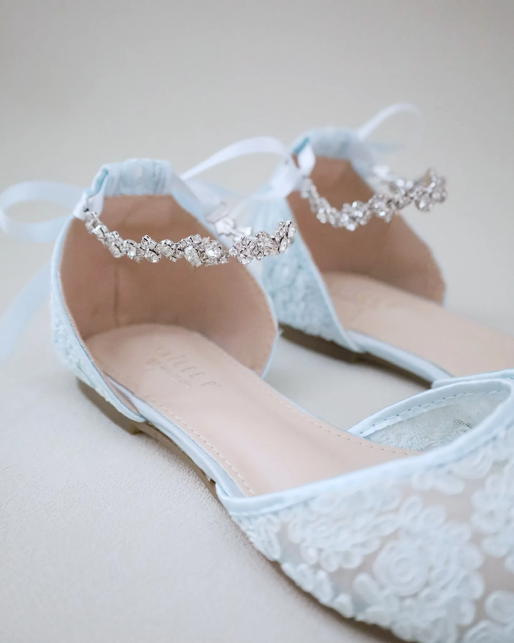 Wedding Crochet Lace Pointy Toe Flats with Amaryllis Crystal Strap