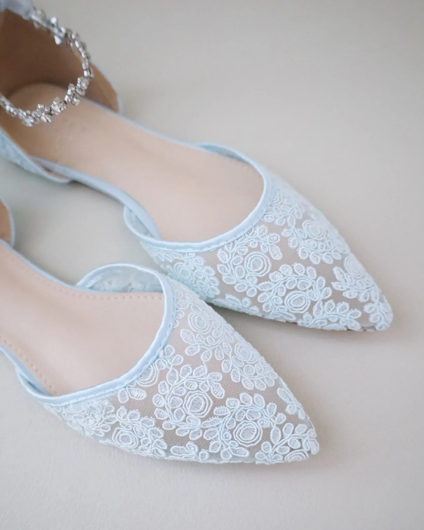 Wedding Crochet Lace Pointy Toe Flats with Amaryllis Crystal Strap