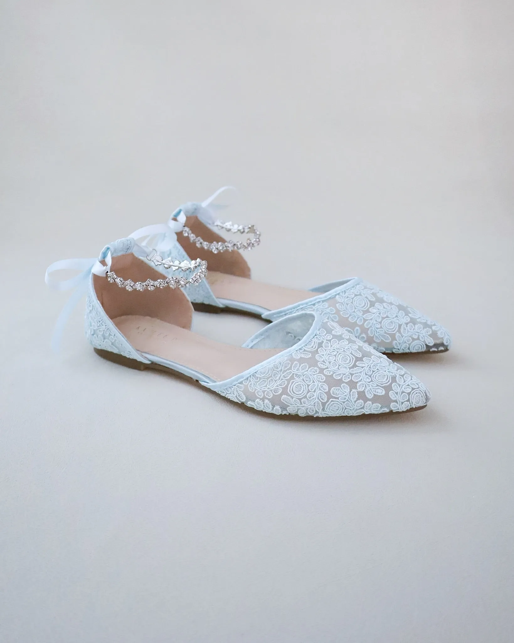 Wedding Crochet Lace Pointy Toe Flats with Amaryllis Crystal Strap