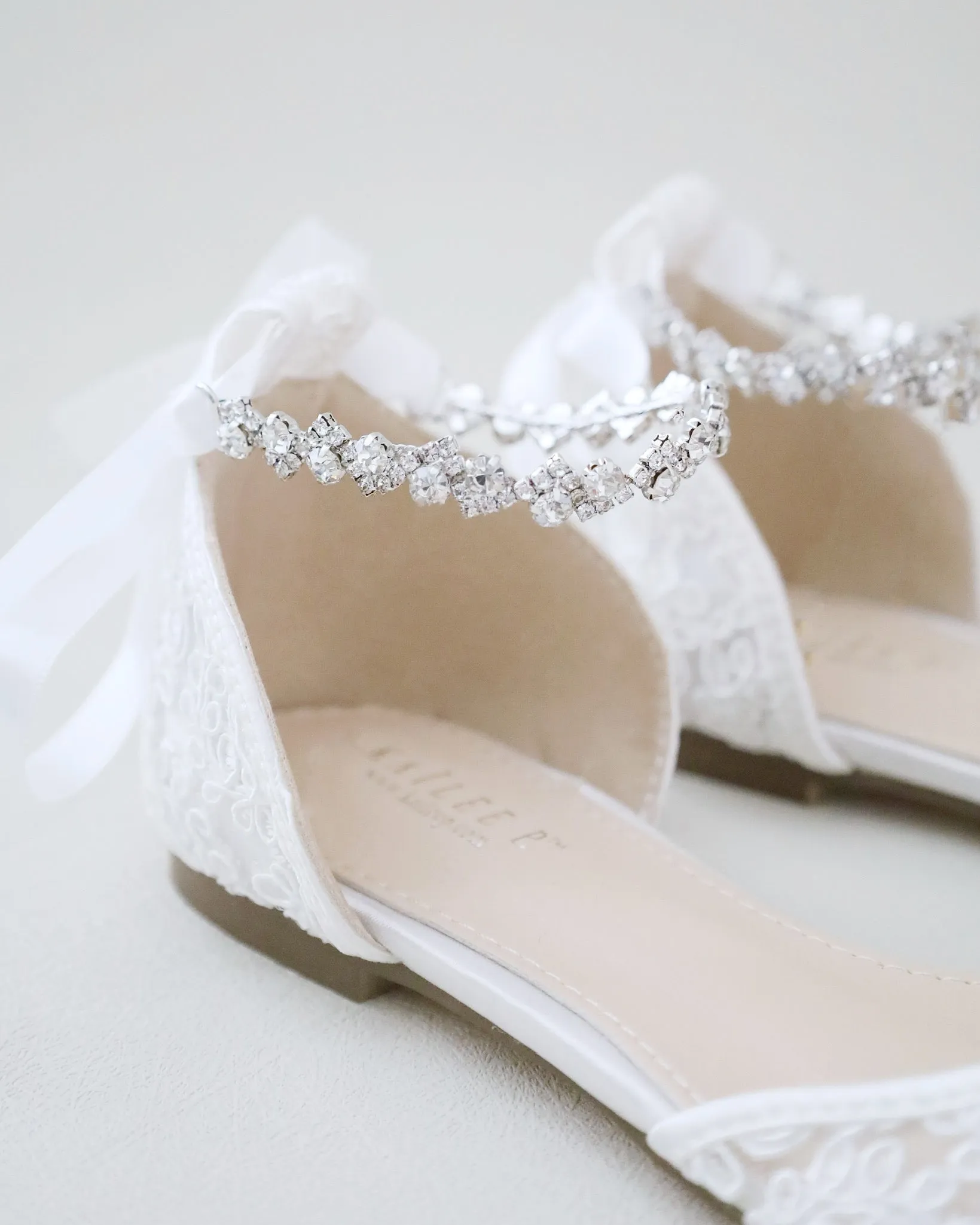 Wedding Crochet Lace Pointy Toe Flats with Amaryllis Crystal Strap
