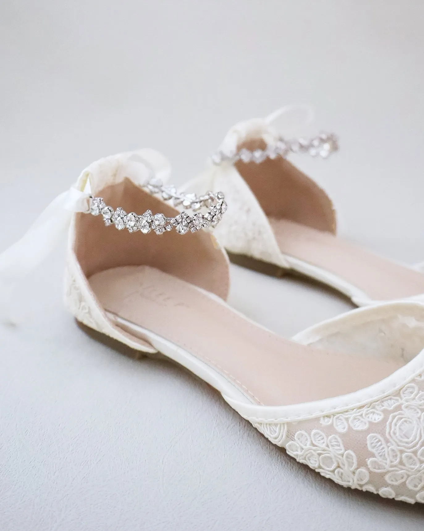 Wedding Crochet Lace Pointy Toe Flats with Amaryllis Crystal Strap