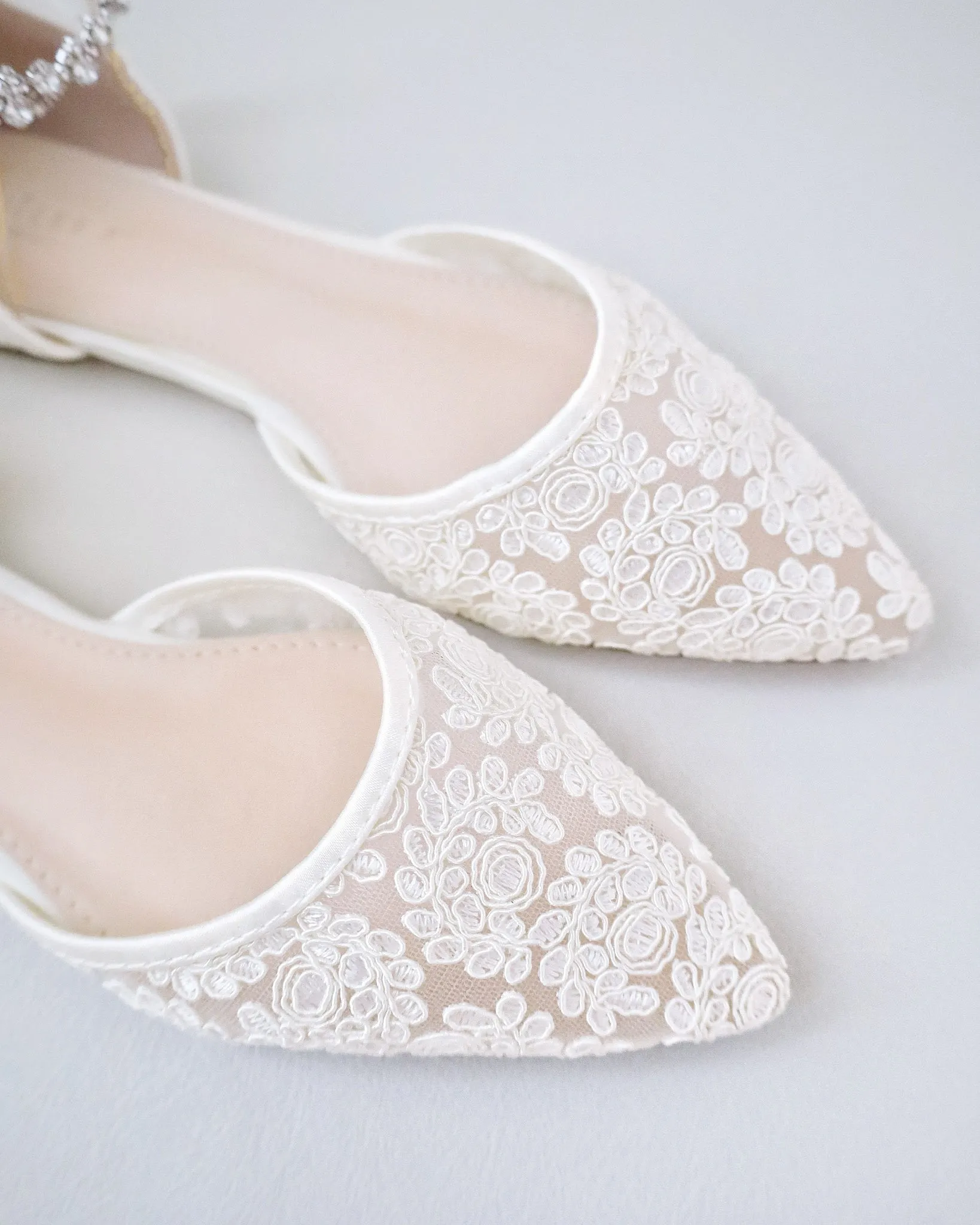 Wedding Crochet Lace Pointy Toe Flats with Amaryllis Crystal Strap